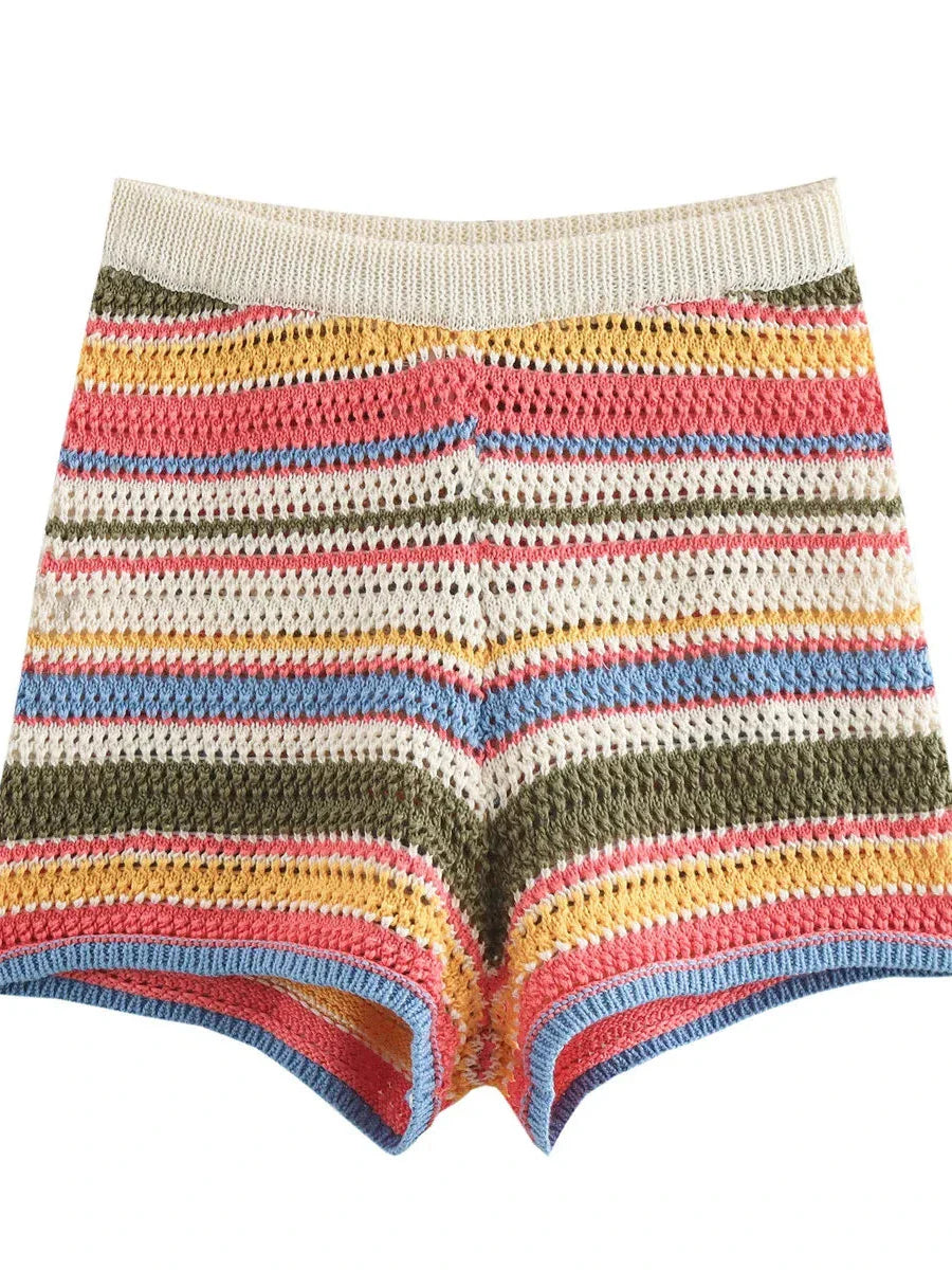 Stripe Colourful Collar Buttoned Shirt And Shorts Set