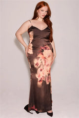 Brown Satin Floral Print Maxi Dress