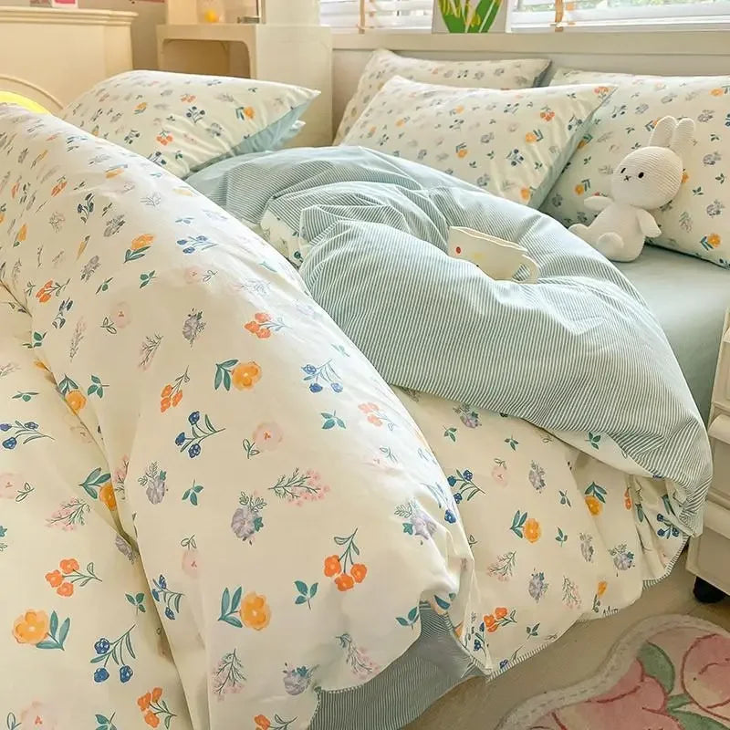 Kawaii Princess Pure Cotton Bedding Set Full Size Lovely Ruffles Single Doubel Duvet Cover Set Girls Woman Cozy Bedding Sets