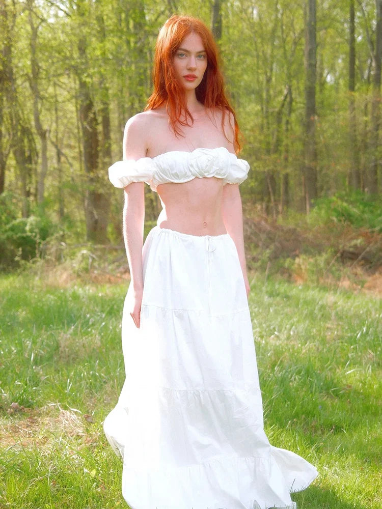 White 3d Flowers Puff Sleeves And Maxi Skirt Set