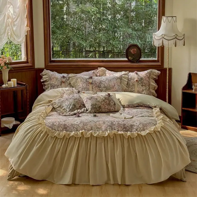 4/5Pcs Vintage French Style Flowers Pleated Lace Ruffles Bedding Set Egyptian Cotton Duvet Cover Bed Skirt Bed Sheet Pillowcases