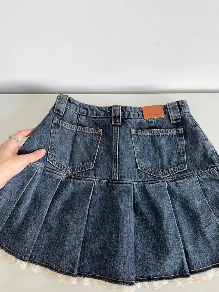 Lace Patchwork High Waist Pleated Denim Mini Skirt