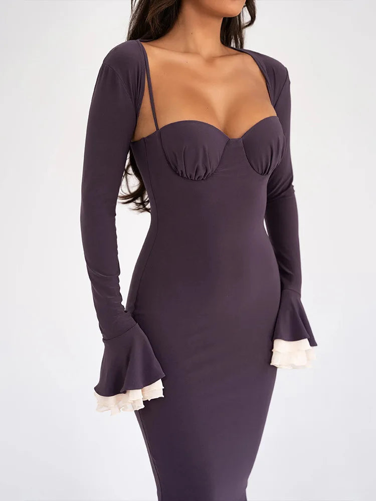 Solid Long Flared Two-piece Crop Sleeve Midi Dress