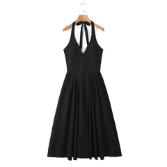 Halter Pleated Deep Neck Midi Dress