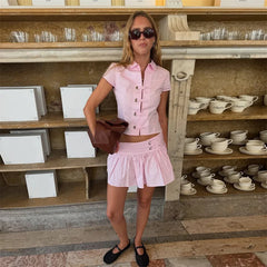 Polo Collar Short Sleeve Top And Mini Skirt Set