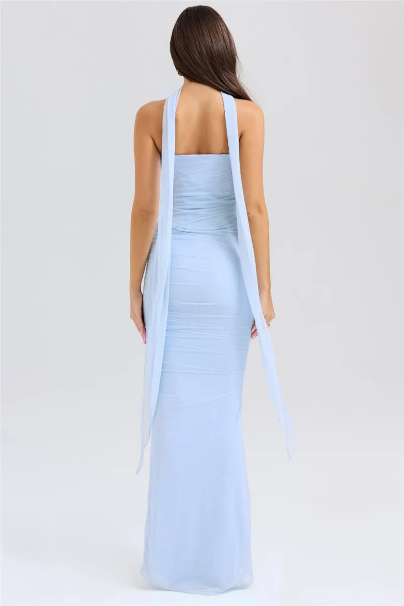 Solid Ruched Corset Top And Body-con Maxi Dress With Scarf Set