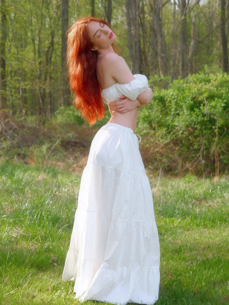 White 3d Flowers Puff Sleeves And Maxi Skirt Set