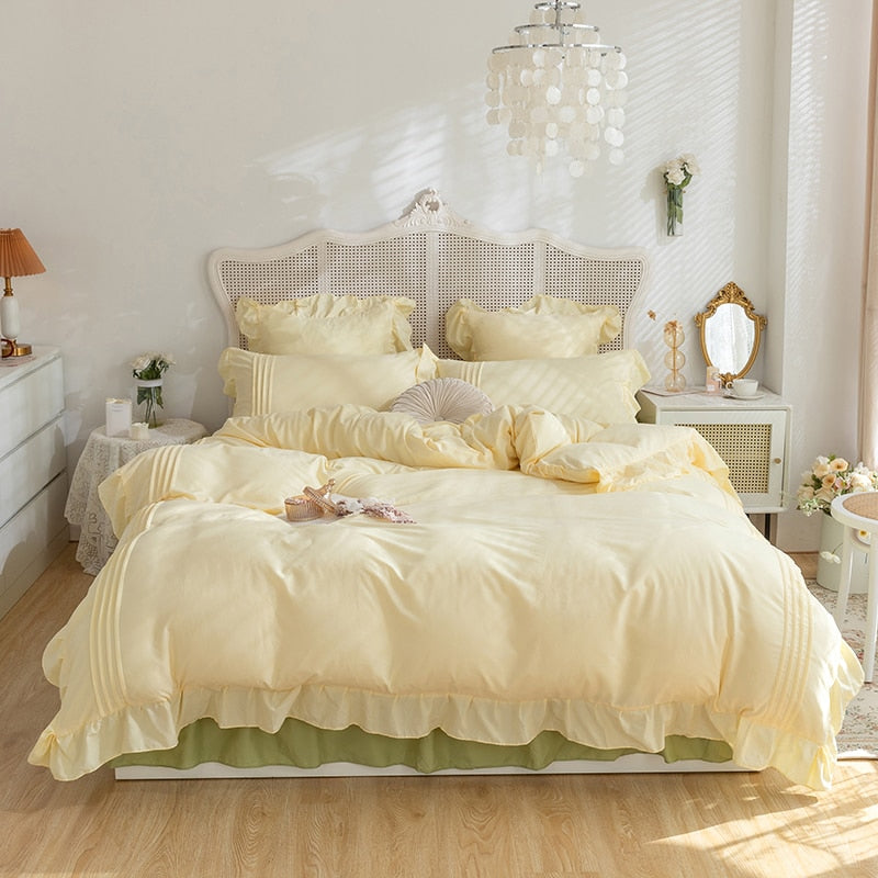 Lace Ruffles Bedding Set White and Gray Color Bedclothes for Boys/Girls Full Size Quilt Cover Sets Queen/King Bed Linen Sets