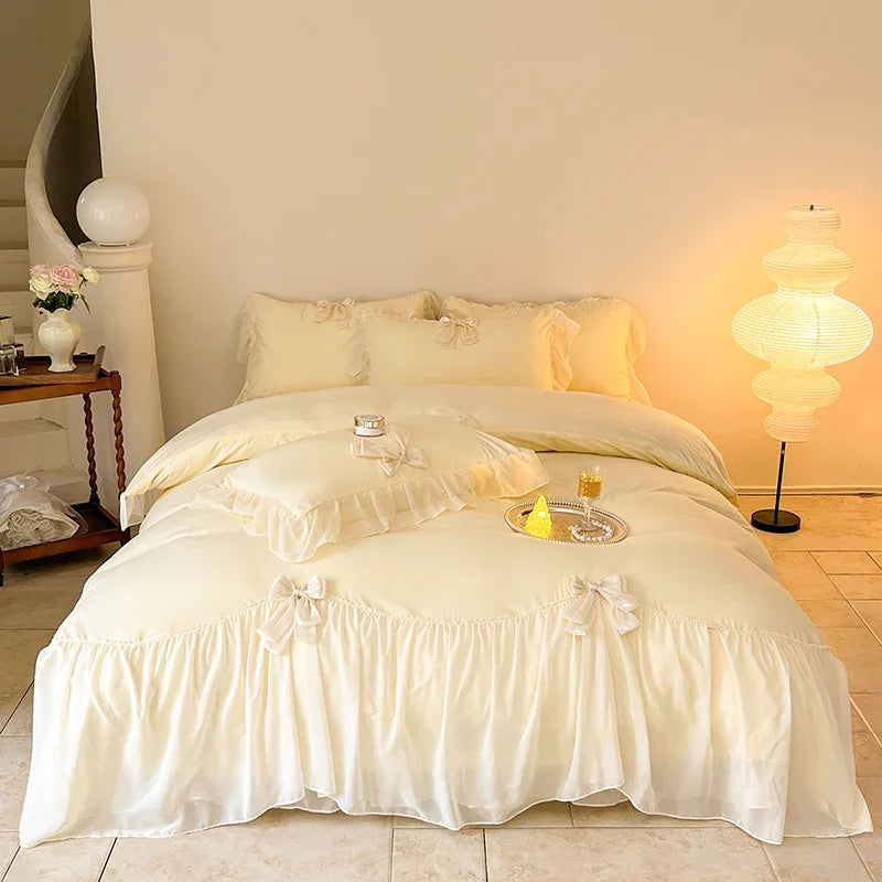 French Princess Style Bedding Sets Ruffle Lace Bow Quilt Cover Romantic Wedding Bedclothes Decor Woman Girls Bedroom Duvet Cover