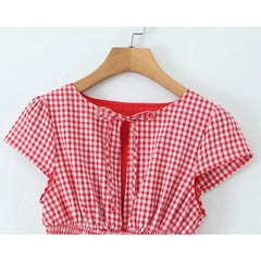 Red Plaid Puff Ruched Mini Dress
