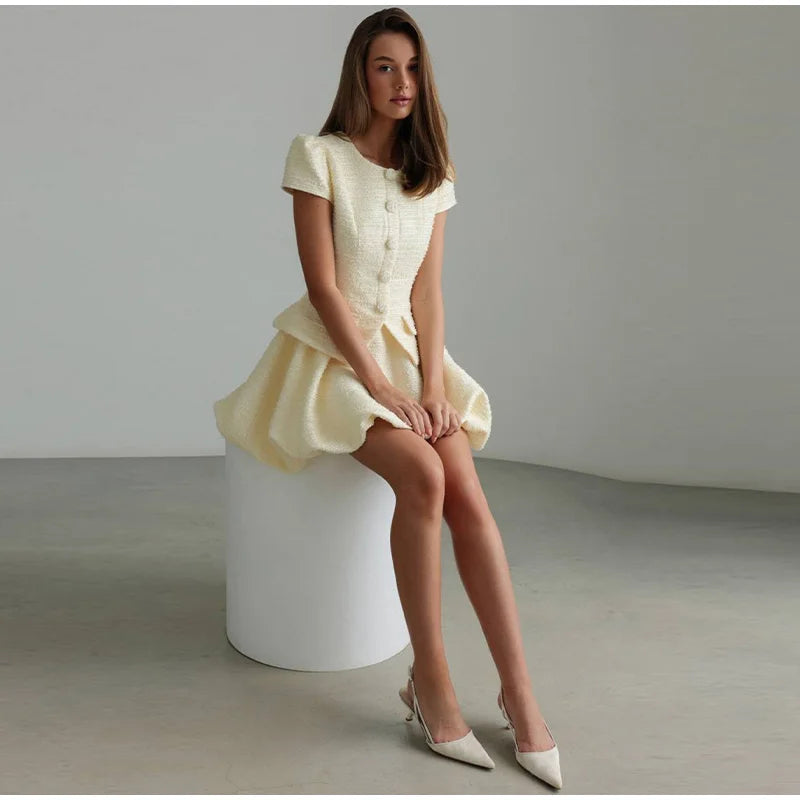 Tweed Puffy Sleeve Shirt And Bubble Skirt Set