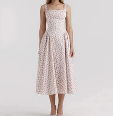Floral Print Square Neck Strap Flare Midi Dress
