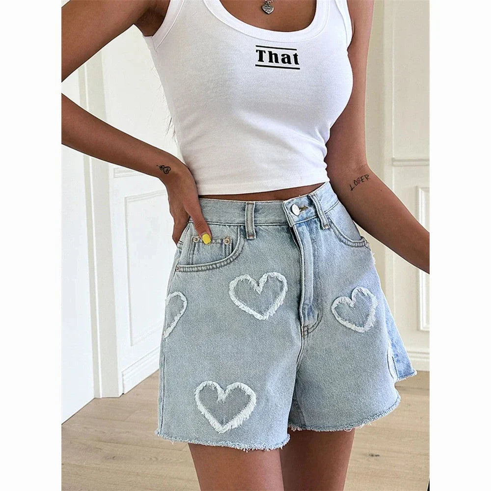 Heart Denim Crop Shorts - Casual High Waist