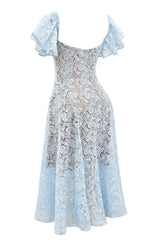 Blue Lace Flare Sleeve Midi Dress