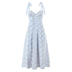 Blue Printed Midi Tie Up Dress