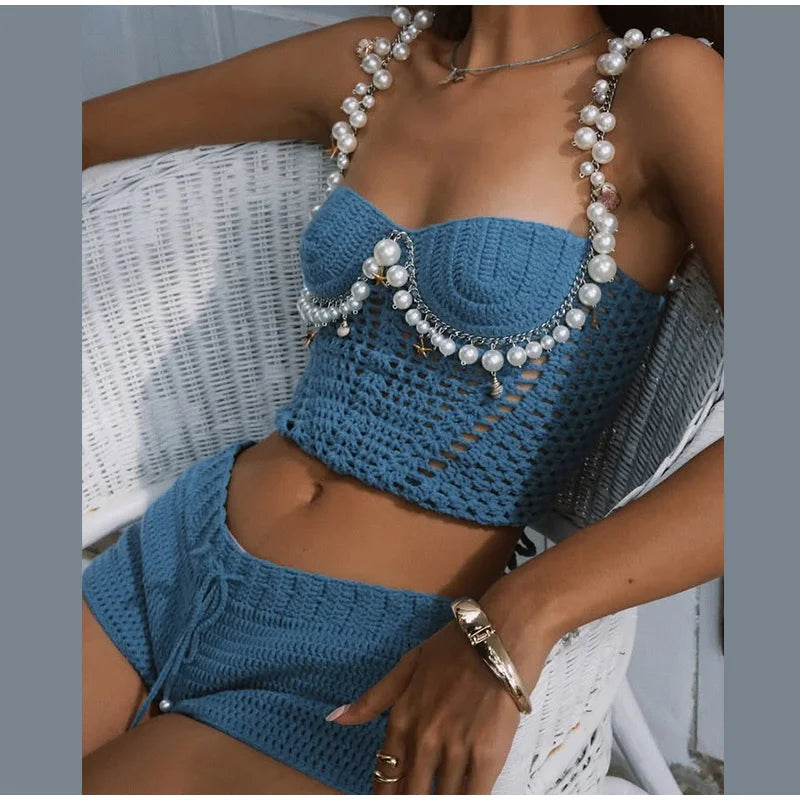 Knit Crochet Pearl Strap Bralette And Shorts Sets