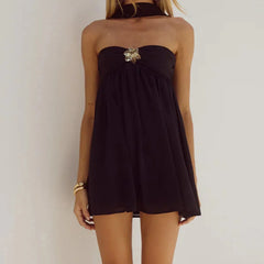 Ruffles Babydoll Strapless  Metal Flower Mini Dress