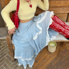 Asymmetrical Blue Lace Patchwork Midi Skirt