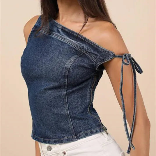 Denim One Shoulder Tie-up Top