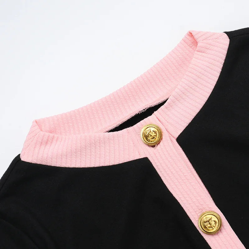 Color Block Ribbed Long Sleeve Playsuit - Gold Button Front Romper