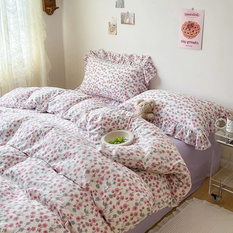 Ins Korean Style Duvet Cover Set with Flat Sheet Pillowcase No filler Washed Cotton Queen Full Twin Cute Floral Home Bed Linen