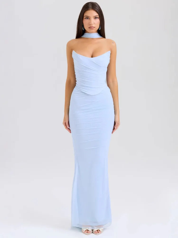 Corset Top With Long Scarves  And Body-con Midi Skirt Set