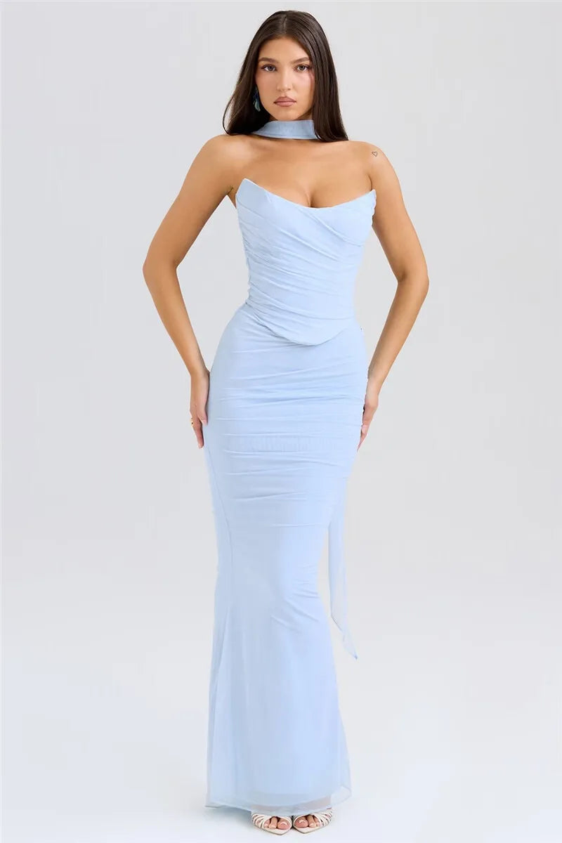 Solid Ruched Corset Top And Body-con Maxi Dress With Scarf Set
