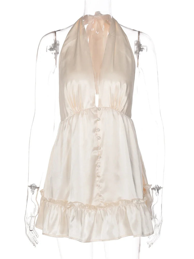 White Satin V-Neck Buttoned Mini Dress