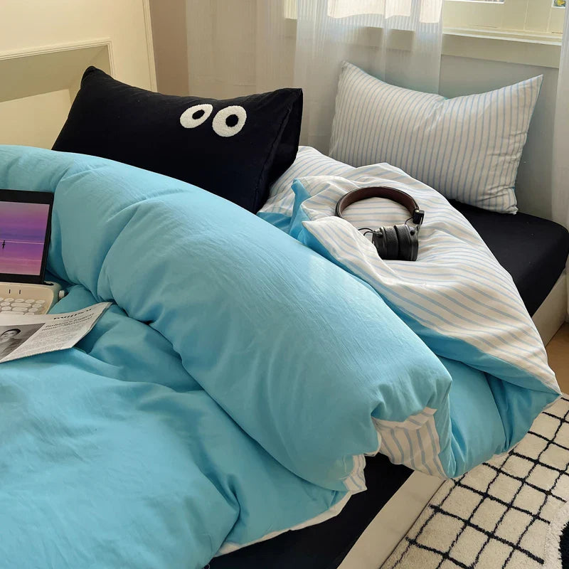 Korean Bed Linen Bedding Sets Stripes Duvet Cover Set Quilt Cover Bed Sheet Quilt Sets Queen Size INS Blogger Comforter Sets