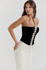Black Lace Up Corset Top And White Satin Midi Skirt Set