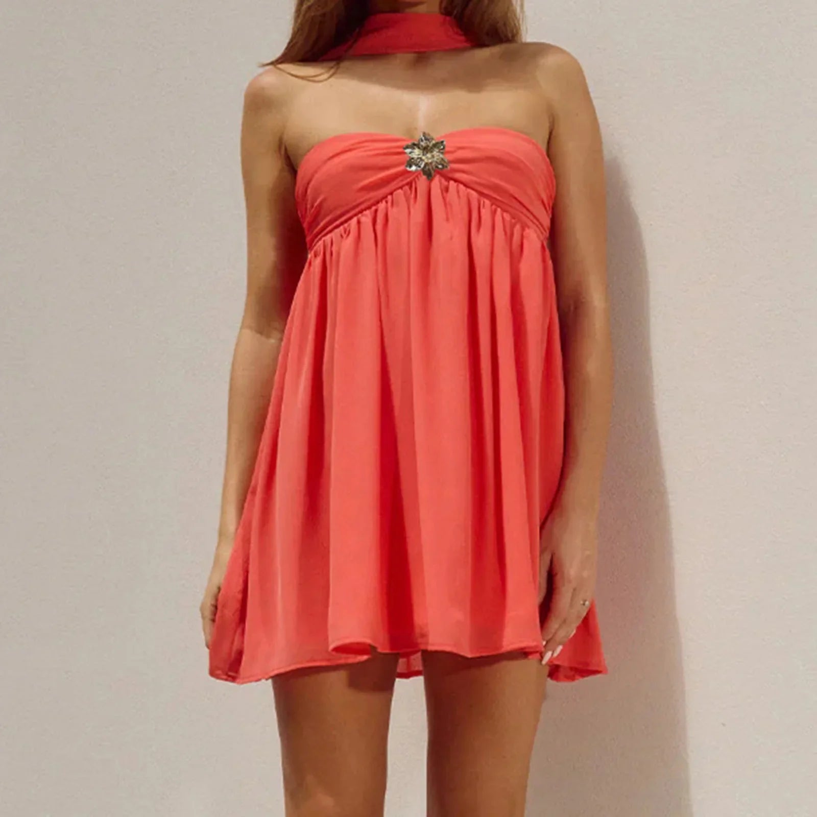 Ruffles Babydoll Strapless  Metal Flower Mini Dress