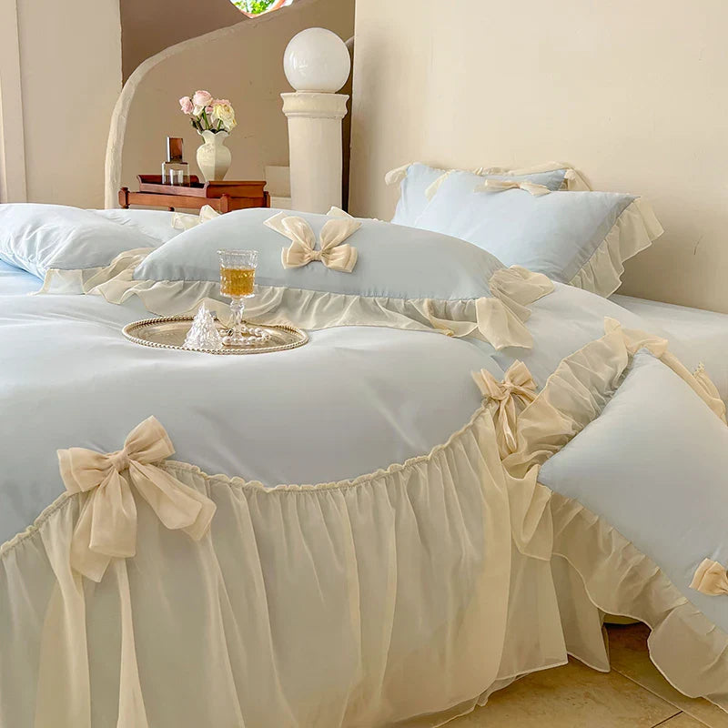 French Princess Style Bedding Sets Ruffle Lace Bow Quilt Cover Romantic Wedding Bedclothes Decor Woman Girls Bedroom Duvet Cover