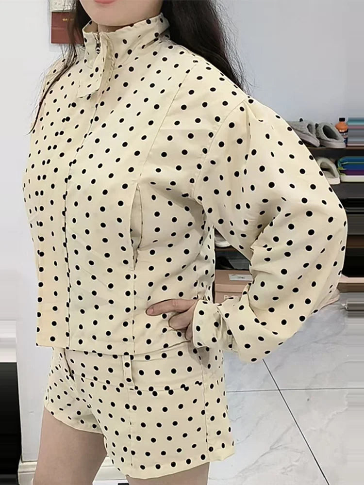 White Polka Dot Zipper Jacket And Shorts Set