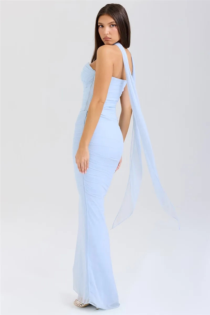 Solid Ruched Corset Top And Body-con Maxi Dress With Scarf Set