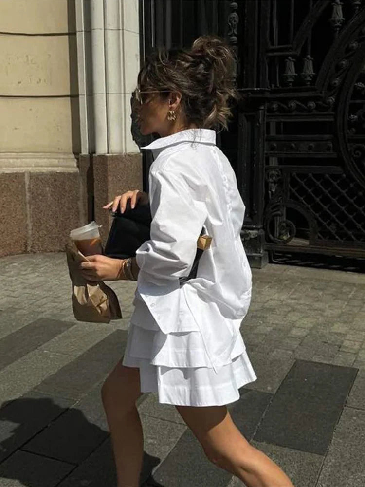 White Collar Shirt And Frill Mini Skirt Set