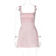 Solid Satin Square Neck Strap Mini Dress