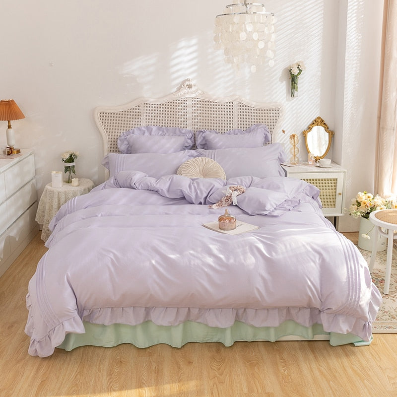 Lace Ruffles Bedding Set White and Gray Color Bedclothes for Boys/Girls Full Size Quilt Cover Sets Queen/King Bed Linen Sets