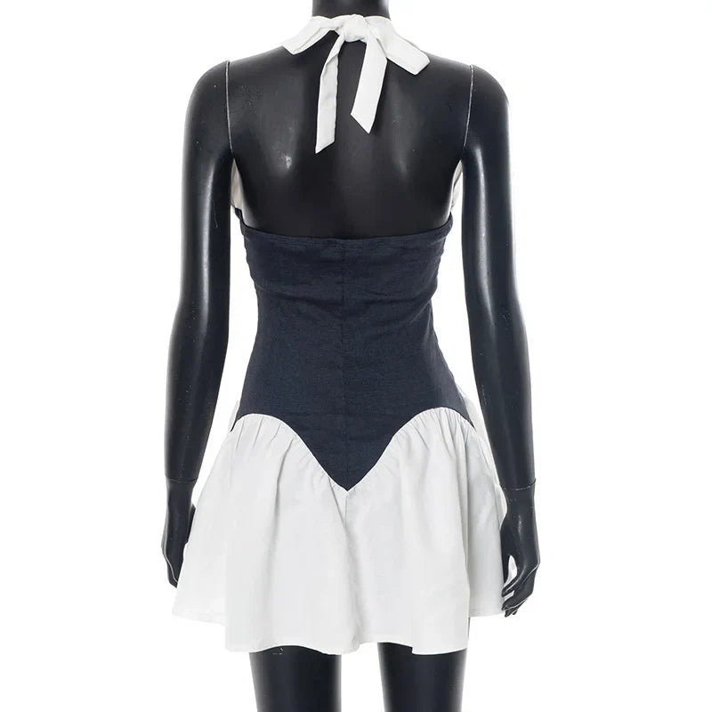 White Deep V-neck Halter Black Corset Mini Dress
