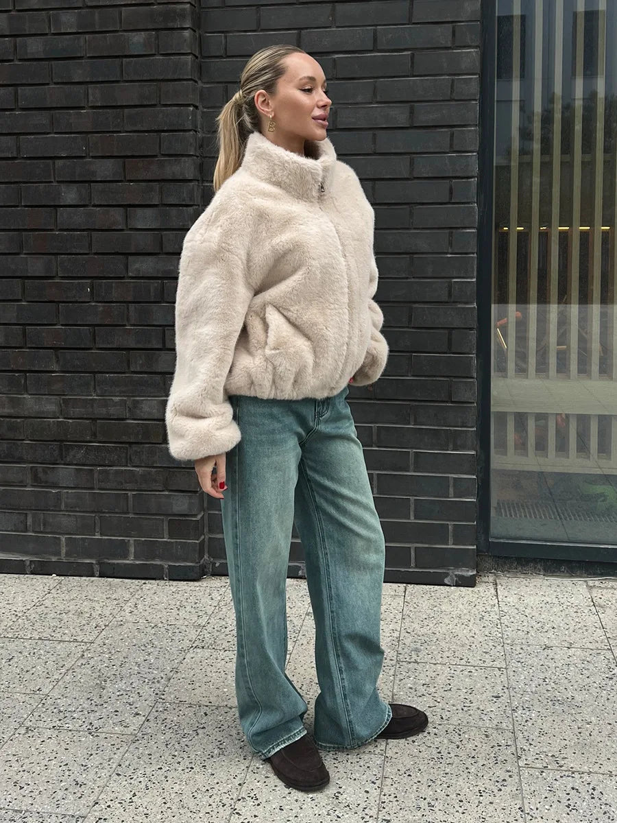 Teddy Faux Fur Zipper Crop Jacket