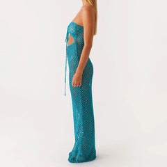 Blue Knit Tie-Up Front Tube Dress - High Street Sheath