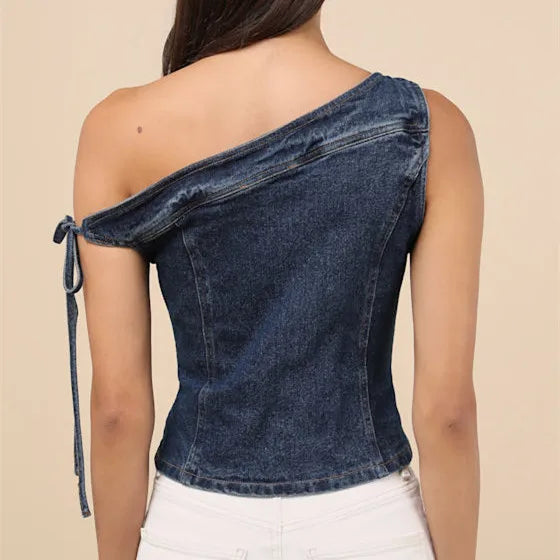 Denim One Shoulder Tie-up Top