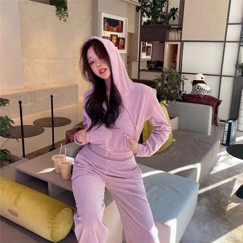 Velvet Hooded Zipper Crop Jackets And High Waist Straight Wide Leg Pants Set