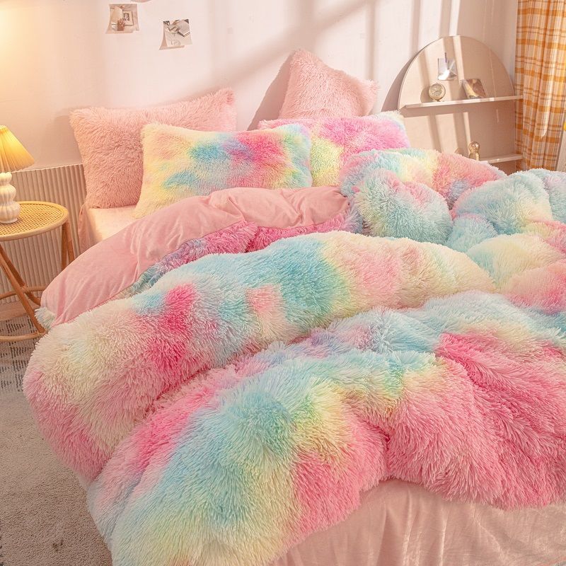 Winter Warm Blue Bedding Set Soft Plush Kawaii Mink Velvet Queen Duvet Cover Set Sheets Pillowcase Single Double Bedding Sets