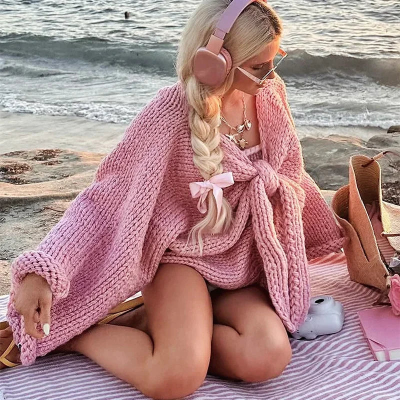 Knit Bow Tie Up Crop Sweater