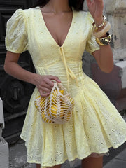 Yellow Tie-Up Puff Sleeve Mini Dress - Office Lady Slim Fit