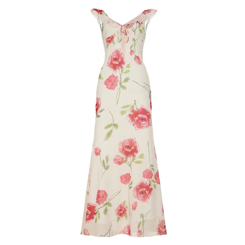 White Printed Ruffles Trim Maxi Dress