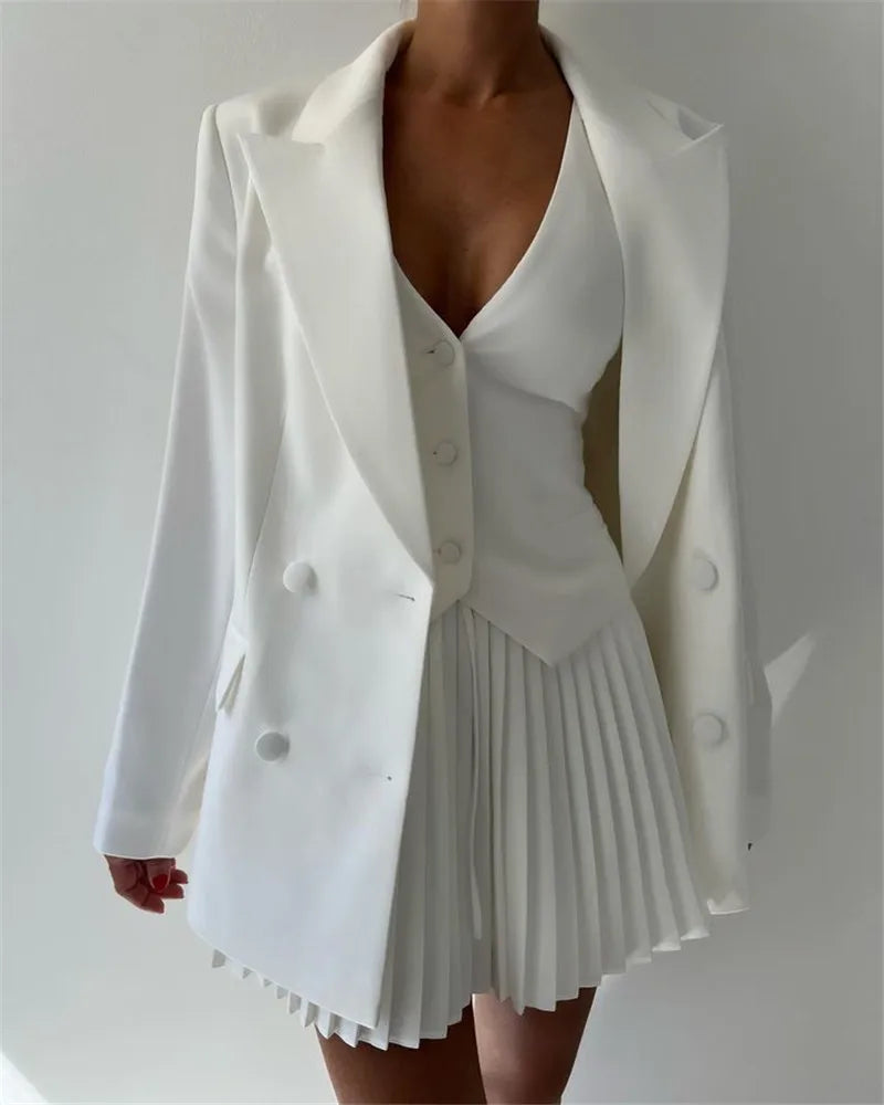 Solid V-neck Vest And Pleated Mini Skirt Set