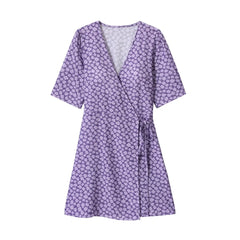 Purple Daisy Flower Print Short Sleeve Wrap Mini Dress