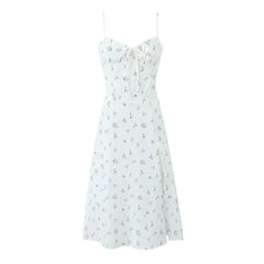 White Floral Print Slit Strap Midi Dress