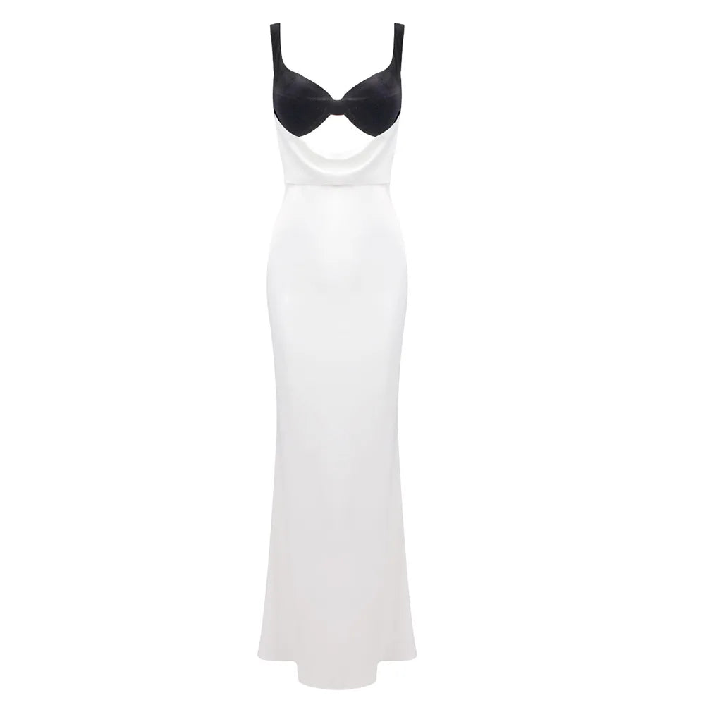 Two Tone Patchwork Cut Out Satin Maxi Dress
